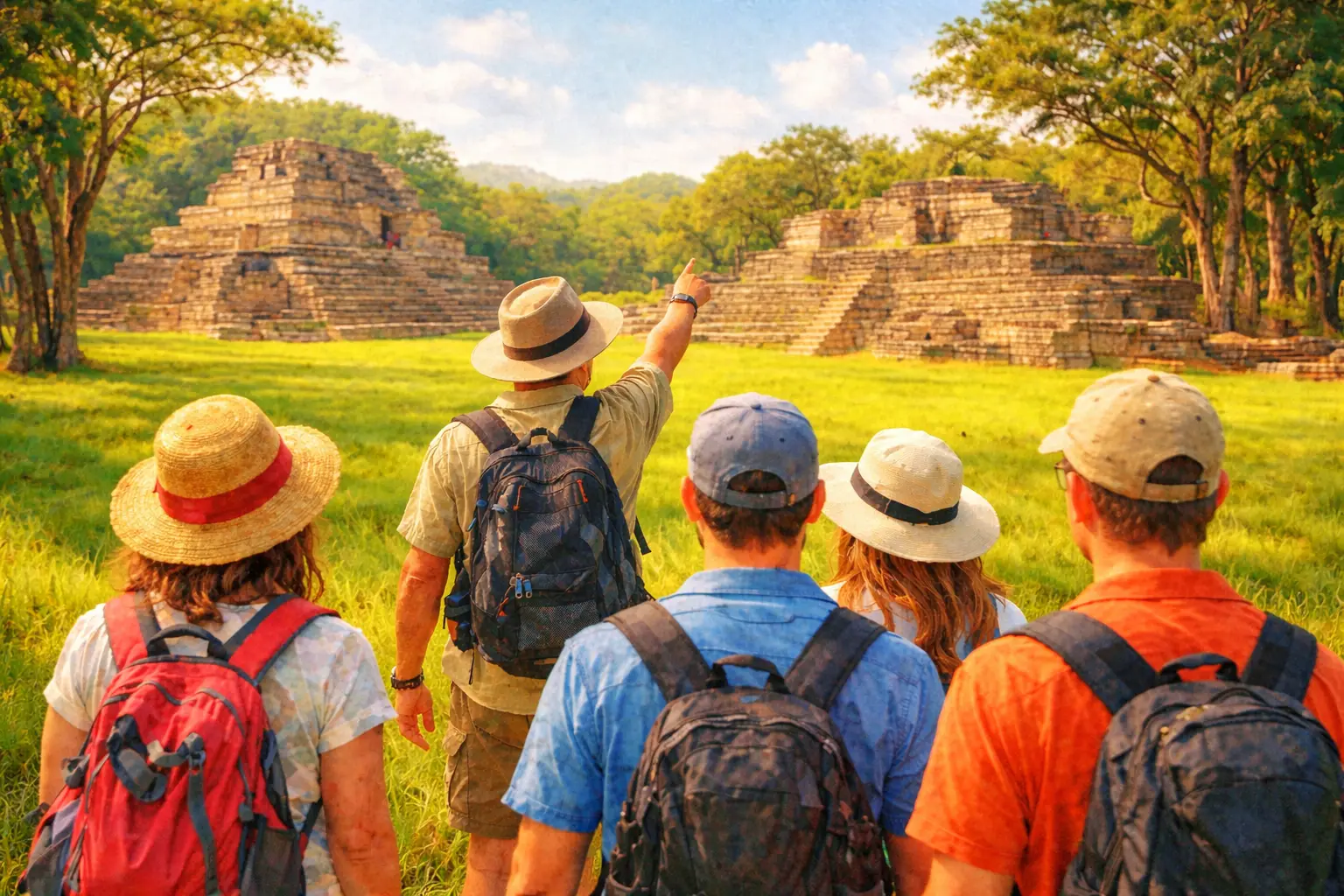 Grupo de turistas disfrutando un tour guiado en Honduras con Maya Temple Tours